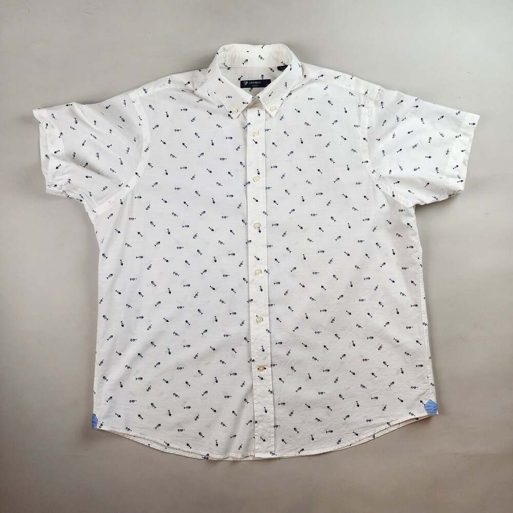 Cremieux Short Sleeve Button Down Shirt Size XL White Fish Bone Print